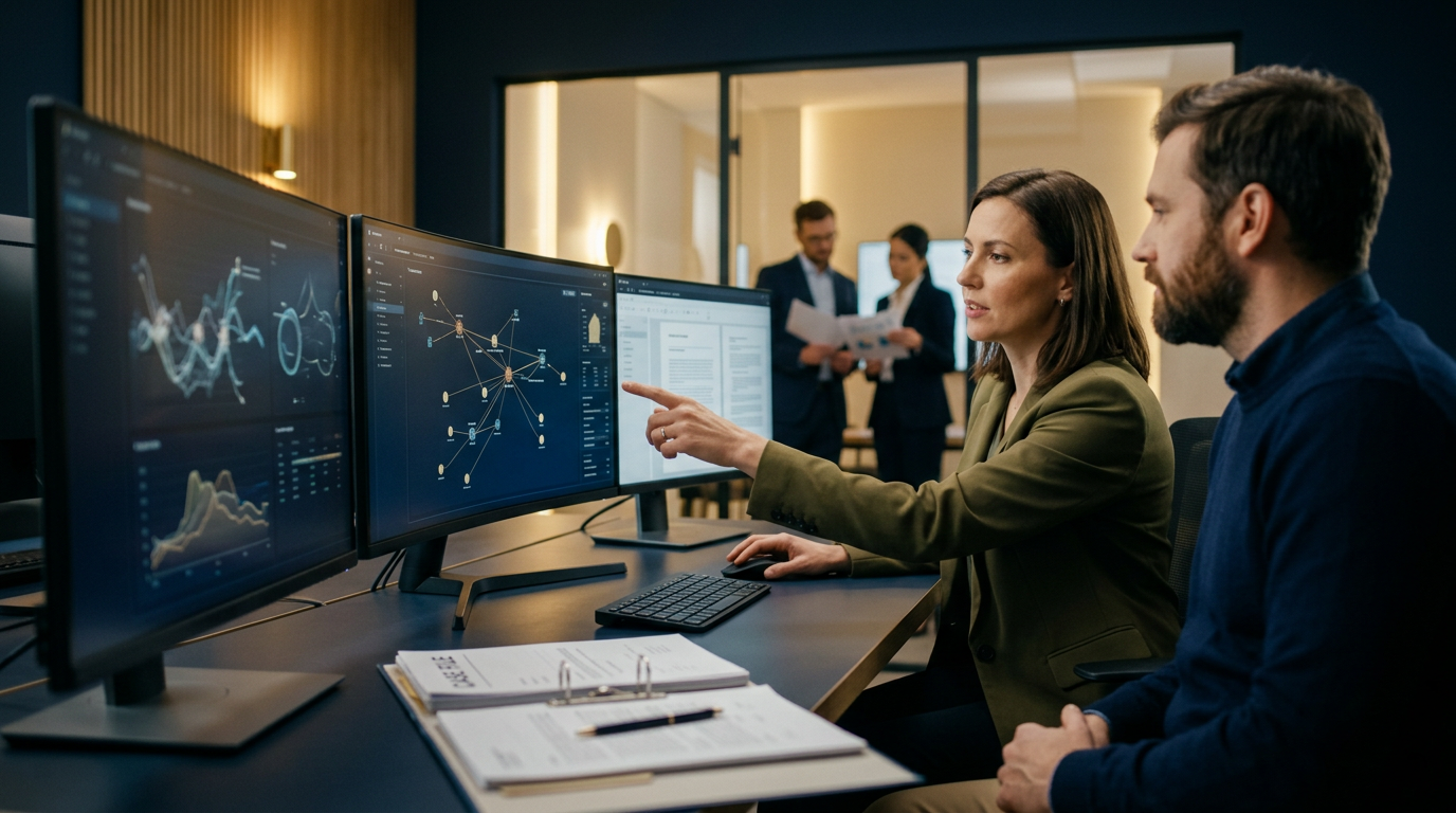 A compliance officer reviewing a crypto sanctions screening report on dual monitors showing wallet address risk scores. A compliance officer reviewing a crypto sanctions screening report on dual monitors showing wallet address risk scores.