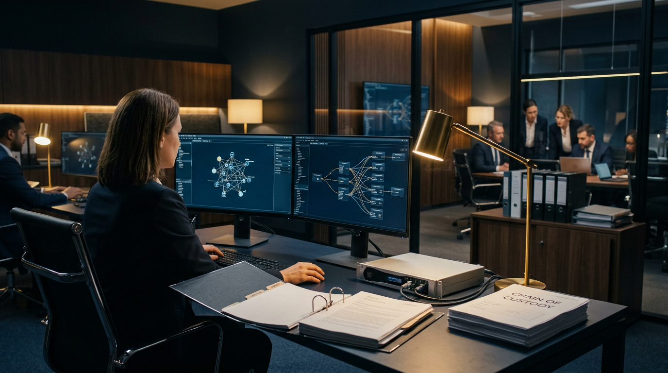 Aegis Financial Forensics analysts collaborating on a cryptocurrency fraud tracing case — crypto scam recovery investigation