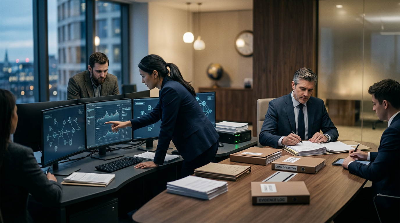 A forensic analyst reviewing digital transaction graphs for a crypto scam recovery investigation on dual monitors. A forensic analyst reviewing digital transaction graphs for a crypto scam recovery investigation on dual monitors.