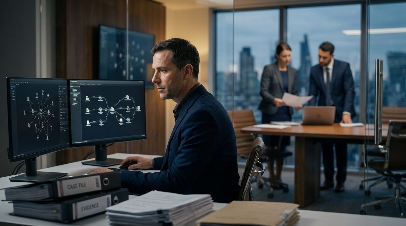 A forensic examiner building a crypto tracing timeline on an analytical workstation.