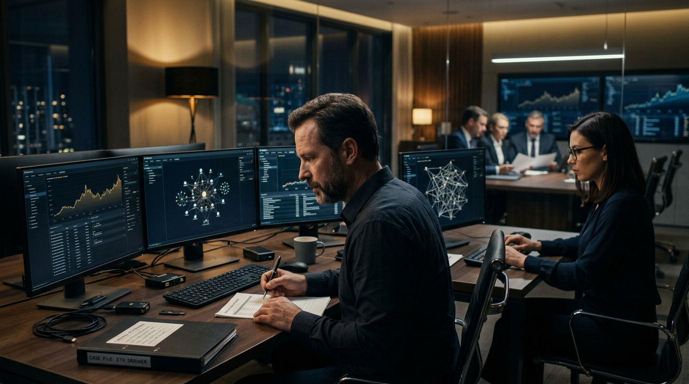 Forensic investigator analyzing a crypto wallet drainer transaction flow on an EVM blockchain network diagram. Forensic investigator analyzing a crypto wallet drainer transaction flow on an EVM blockchain network diagram.