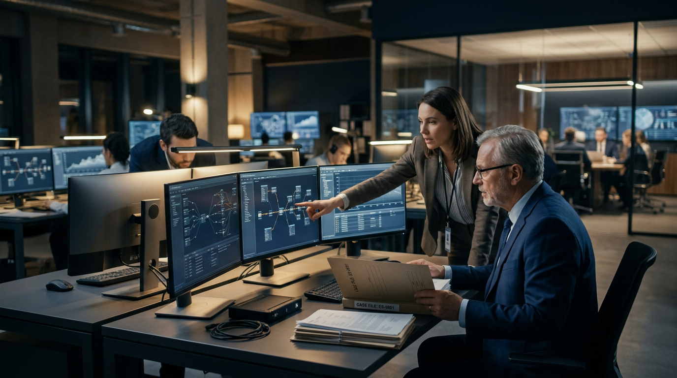 A forensic analyst examining a deepfake investment promotion video alongside blockchain transaction graph visualization.