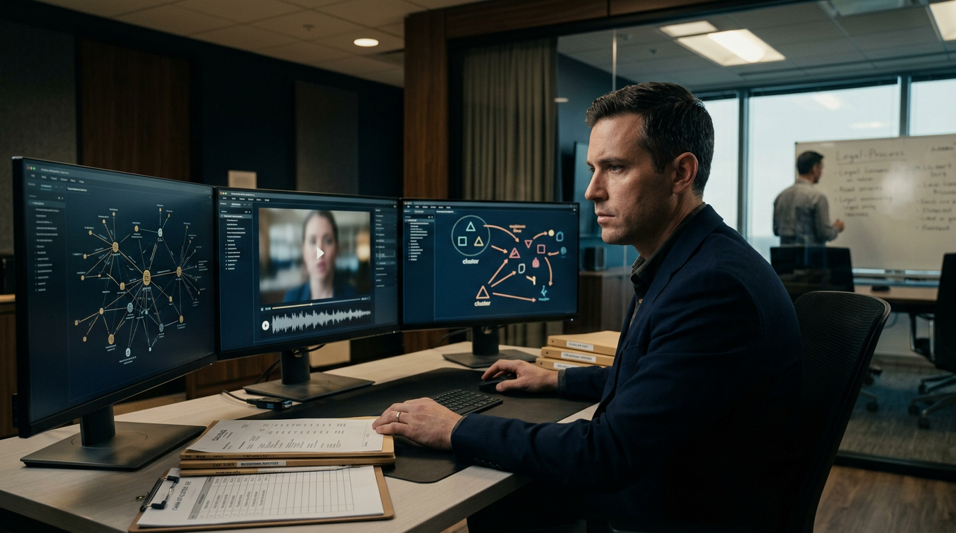 Courtroom setting for a civil cryptocurrency recovery hearing supported by blockchain forensic evidence — deepfake investment