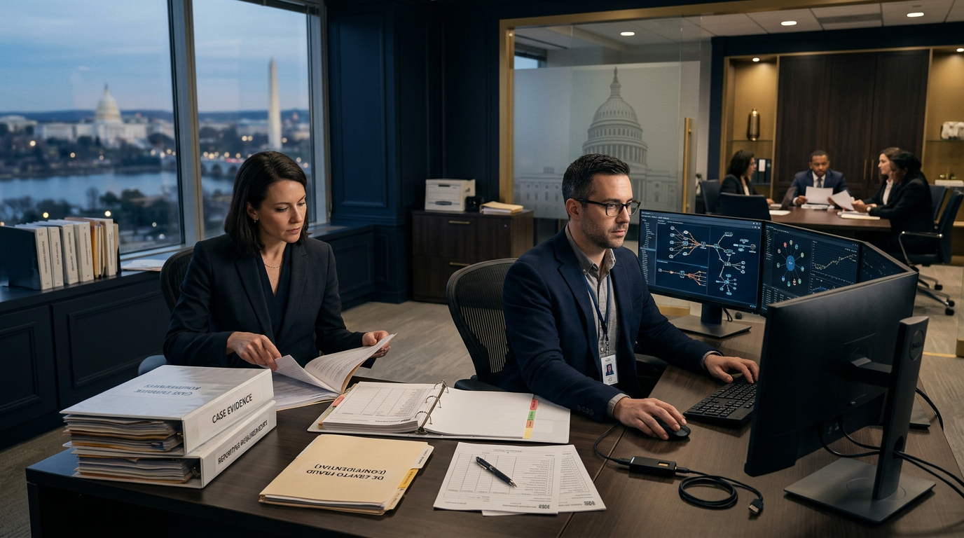 Forensic investigator analyzing District of Columbia cryptocurrency fraud reporting requirements documentation. Forensic investigator analyzing District of Columbia cryptocurrency fraud reporting requirements documentation.