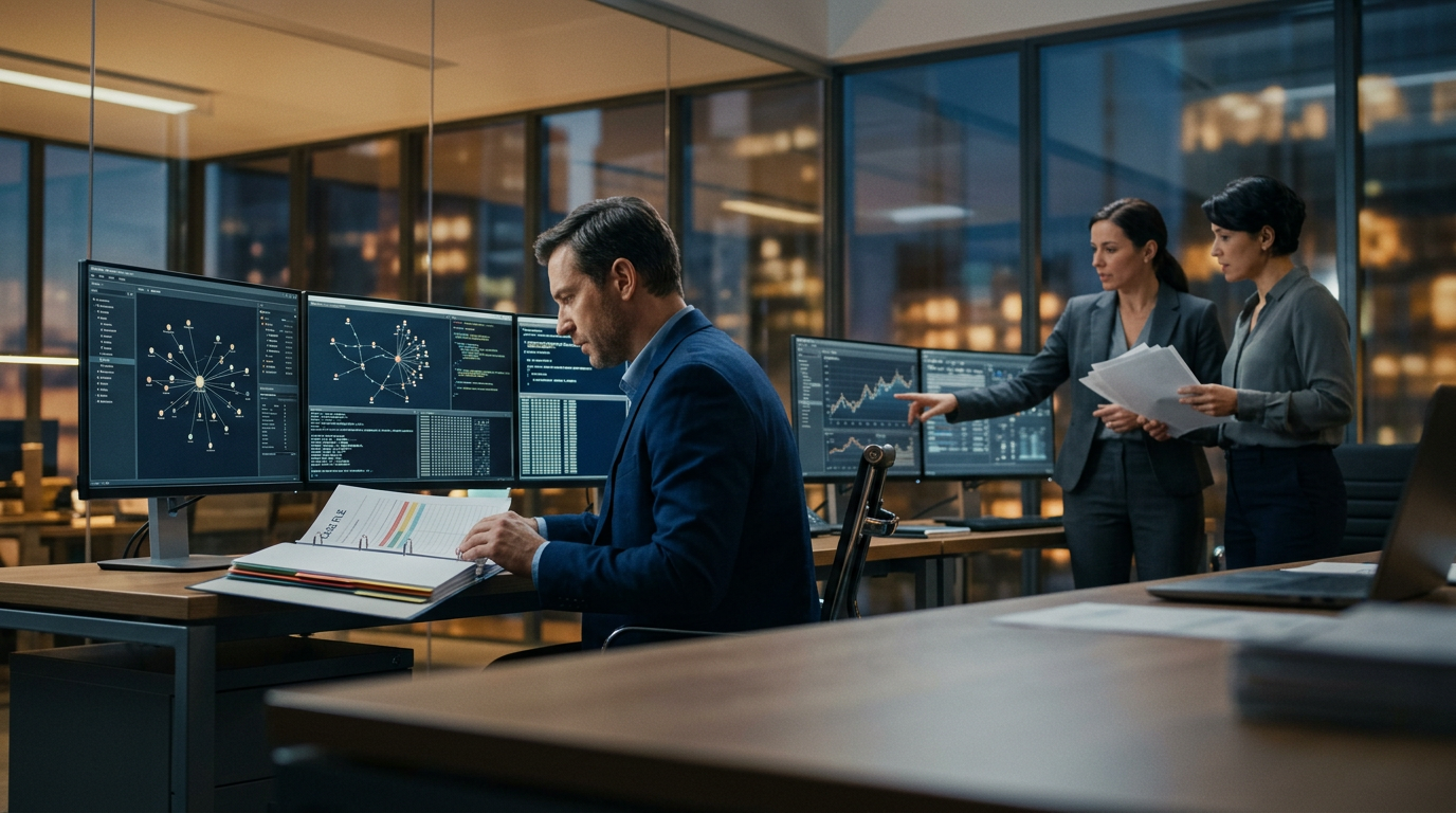 A forensic investigator reviewing documents to collect before hiring a crypto investigator in an office setting A forensic investigator reviewing documents to collect before hiring a crypto investigator in an office setting