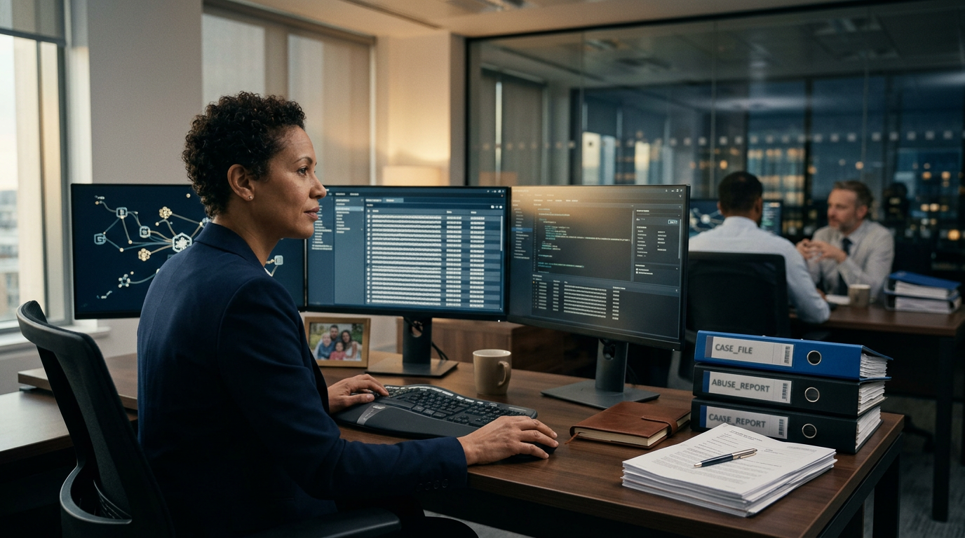 Aegis Financial Forensics analysts collaborating on a cryptocurrency fraud tracing case — domain registrar abuse report inves Aegis Financial Forensics analysts collaborating on a cryptocurrency fraud tracing case — domain registrar abuse report inves