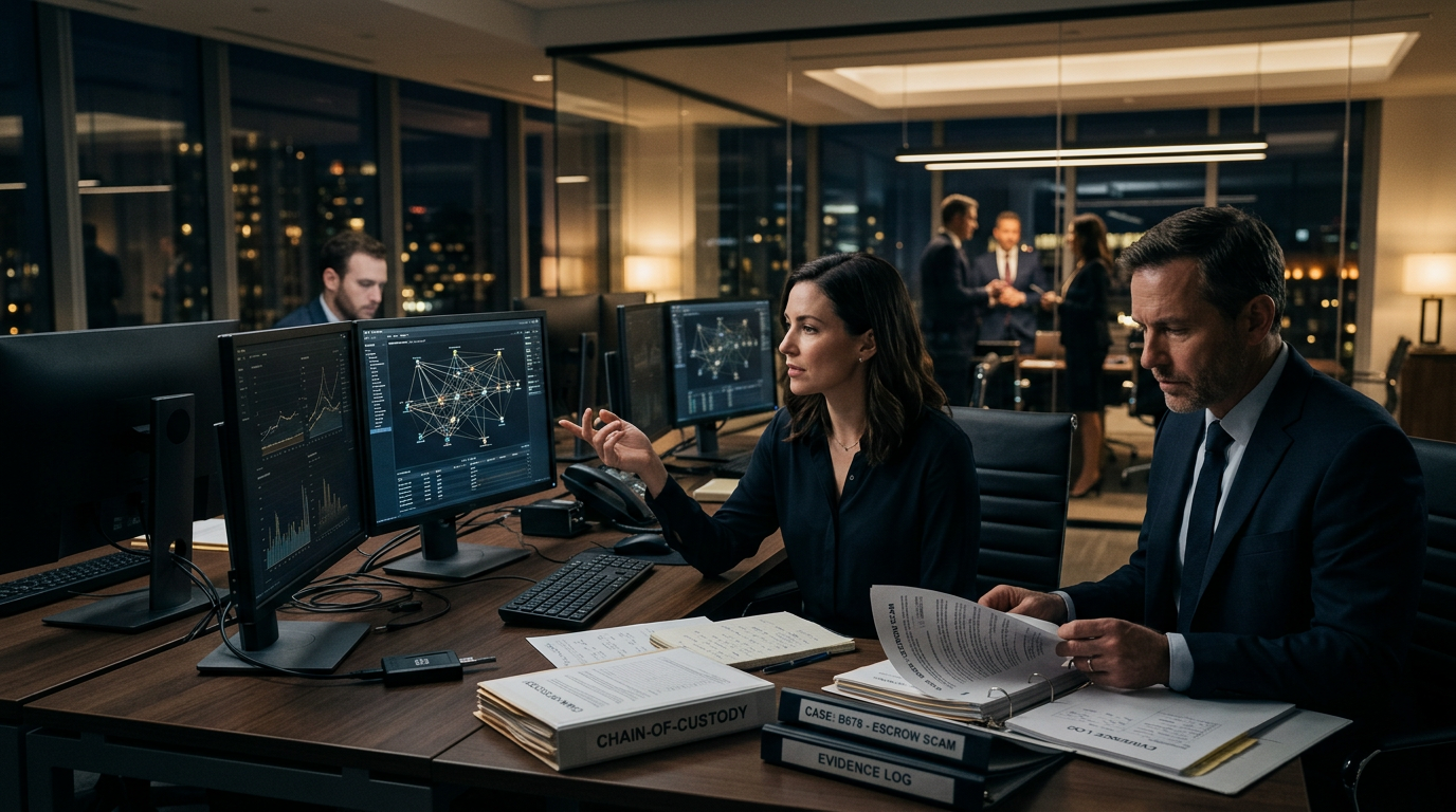 Forensic analyst documenting on-chain evidence from an escrow scam crypto trade
