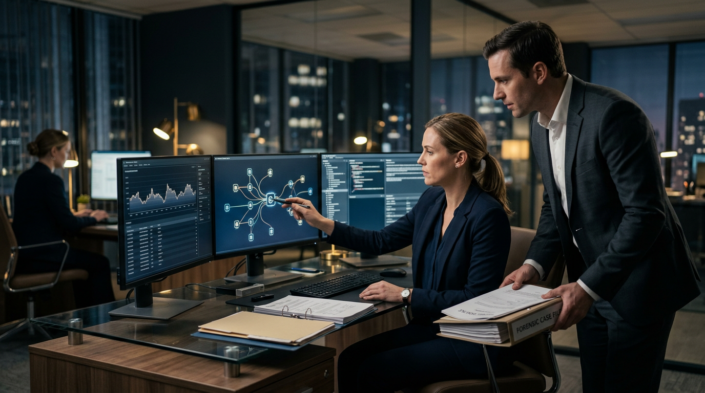 Blockchain forensics specialist investigating server logs after an exchange account takeover incident. Blockchain forensics specialist investigating server logs after an exchange account takeover incident.