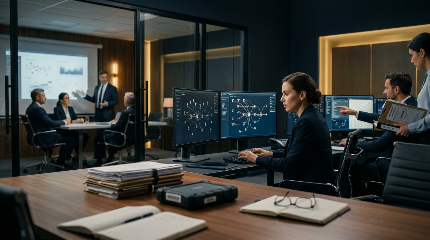 Forensic investigator evaluating legal subpoena production documents containing exchange kyc records on a secure terminal. Forensic investigator evaluating legal subpoena production documents containing exchange kyc records on a secure terminal.