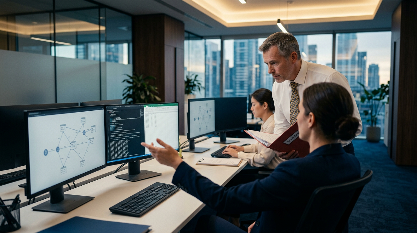 Aegis Financial Forensics analysts collaborating on a cryptocurrency fraud tracing case — exchange subpoena crypto investigat Aegis Financial Forensics analysts collaborating on a cryptocurrency fraud tracing case — exchange subpoena crypto investigat