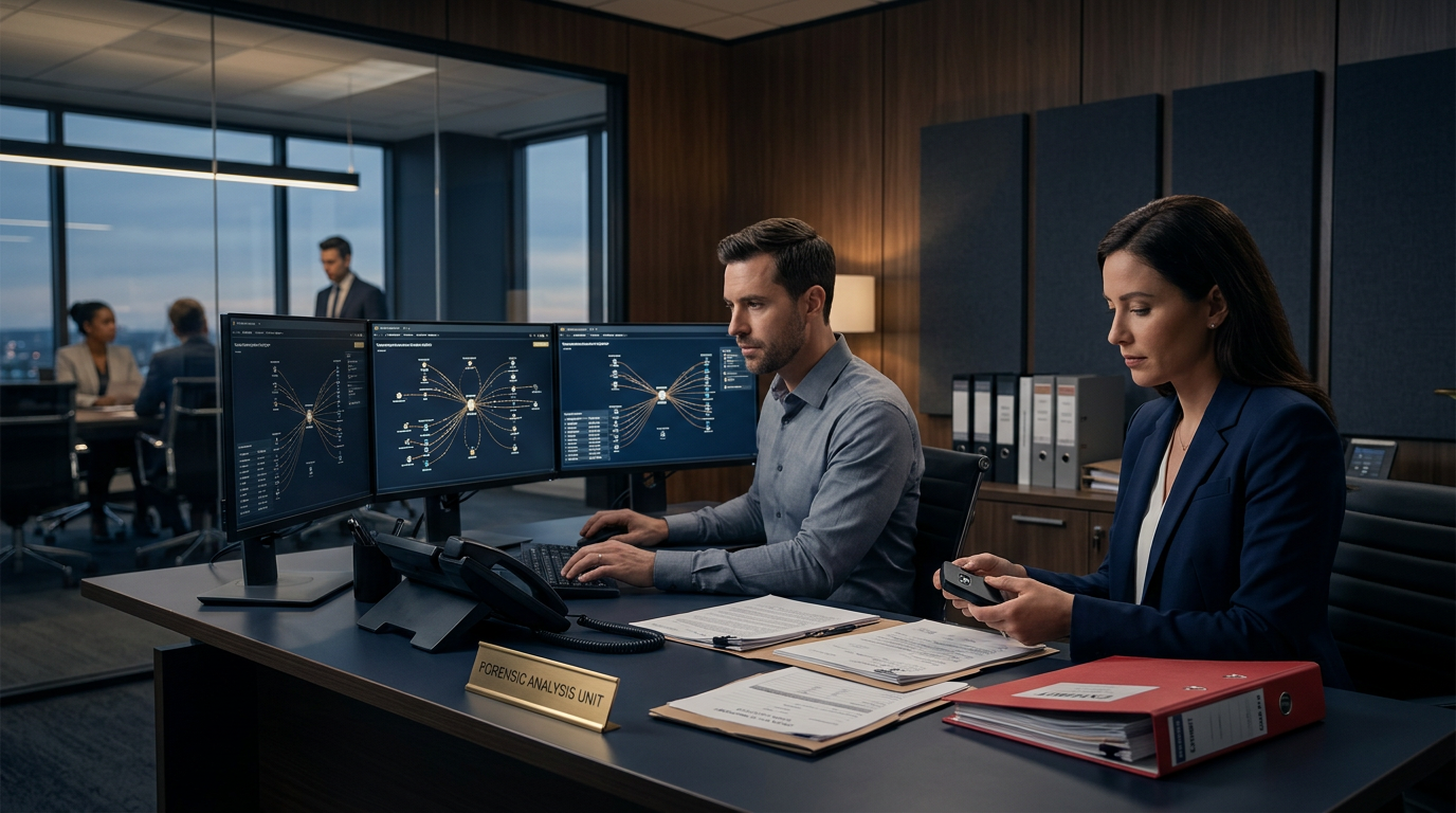 A forensic analyst examining transaction logs involving an exchange withdrawal whitelist on a dual-monitor setup.