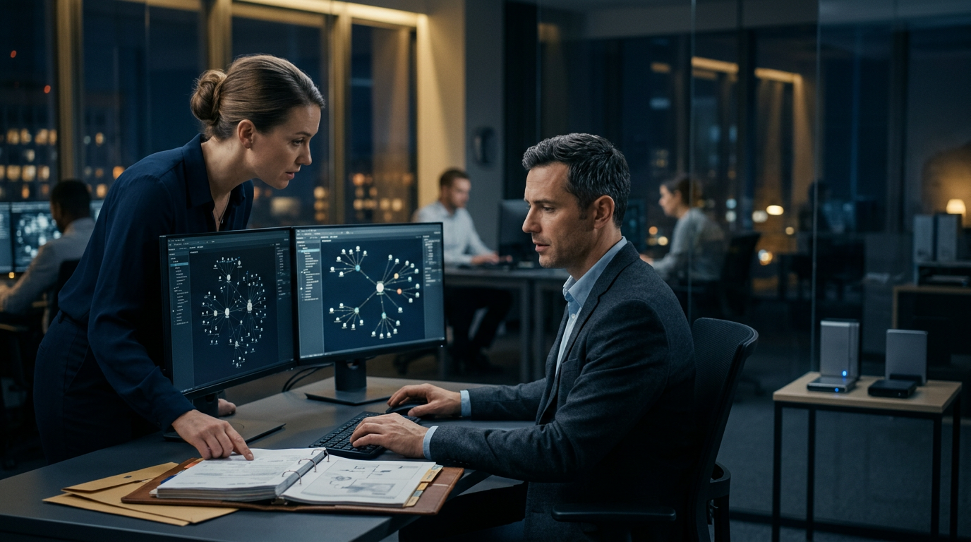 Legal team analyzing blockchain expert report admissibility documentation in court.