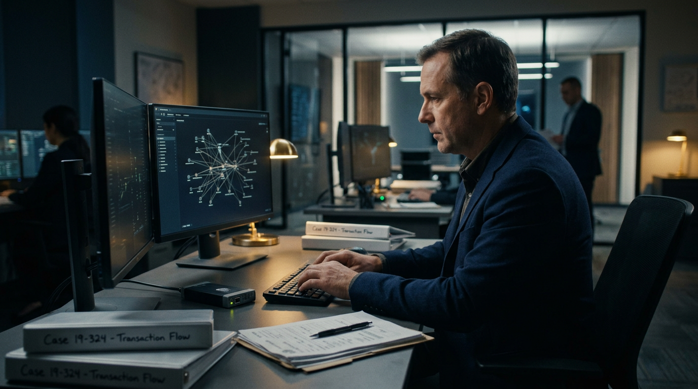 Blockchain forensic analyst tracing stolen cryptocurrency transactions across exchanges and mixers — fake crypto exchange wit Blockchain forensic analyst tracing stolen cryptocurrency transactions across exchanges and mixers — fake crypto exchange wit