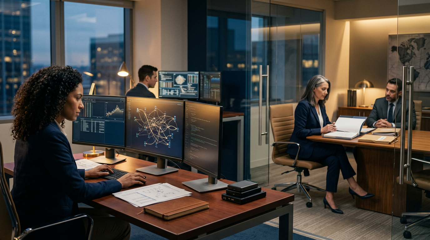 Forensic analyst examining blockchain ledger traces from a fake crypto investment platform on dual monitors. Forensic analyst examining blockchain ledger traces from a fake crypto investment platform on dual monitors.
