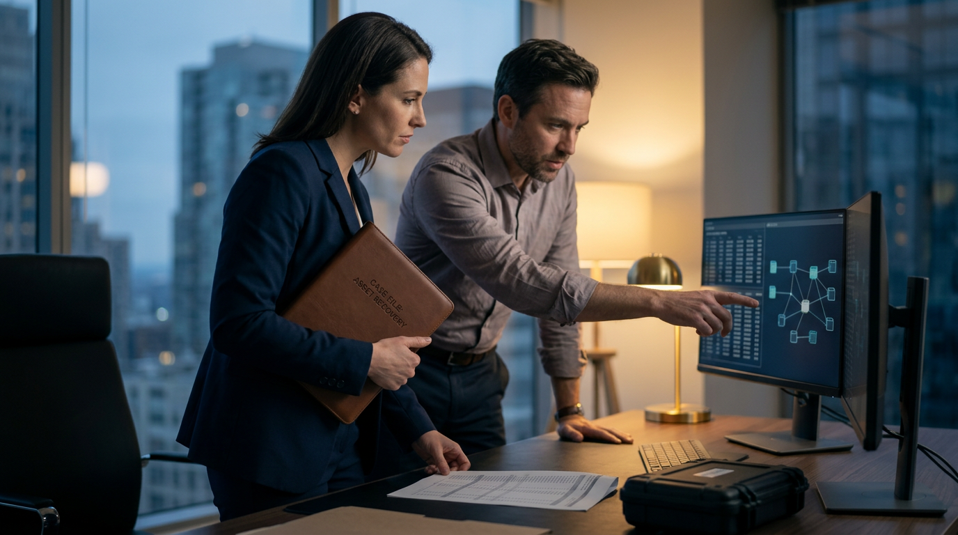 Aegis Financial Forensics analysts collaborating on a cryptocurrency fraud tracing case — fake crypto investment platform inv