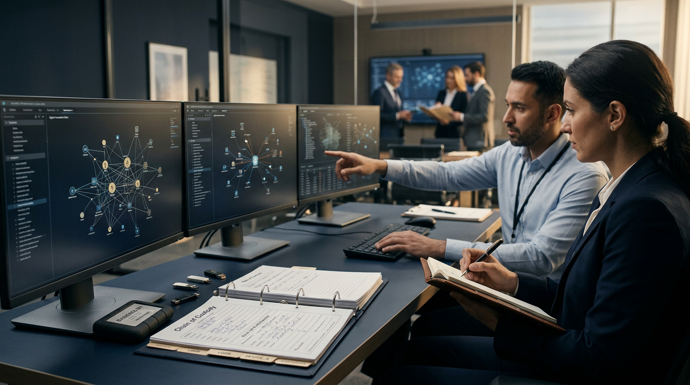 A digital investigator using a forensic evidence preservation checklist on a secure workstation screen.
