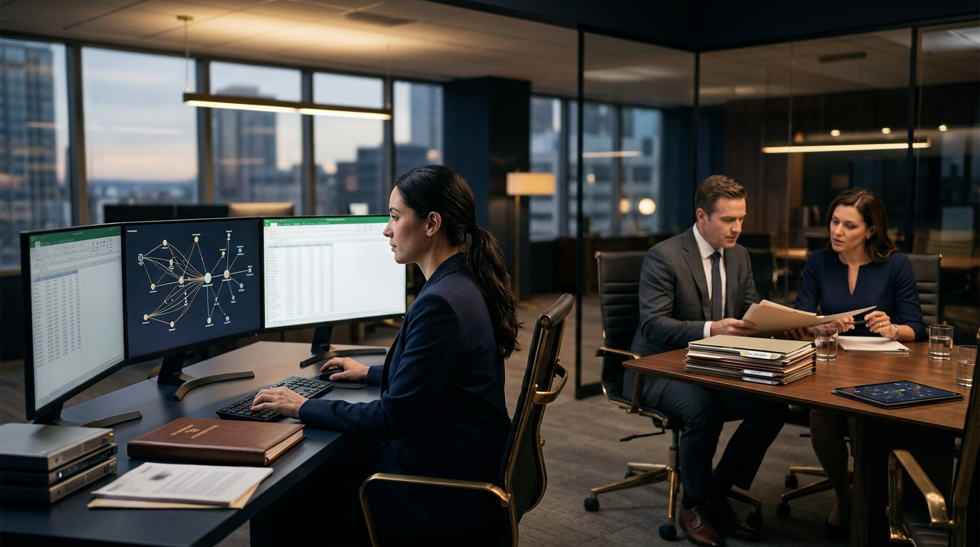 A analyst reviewing digital evidence from a gift card to crypto scam on dual monitors.