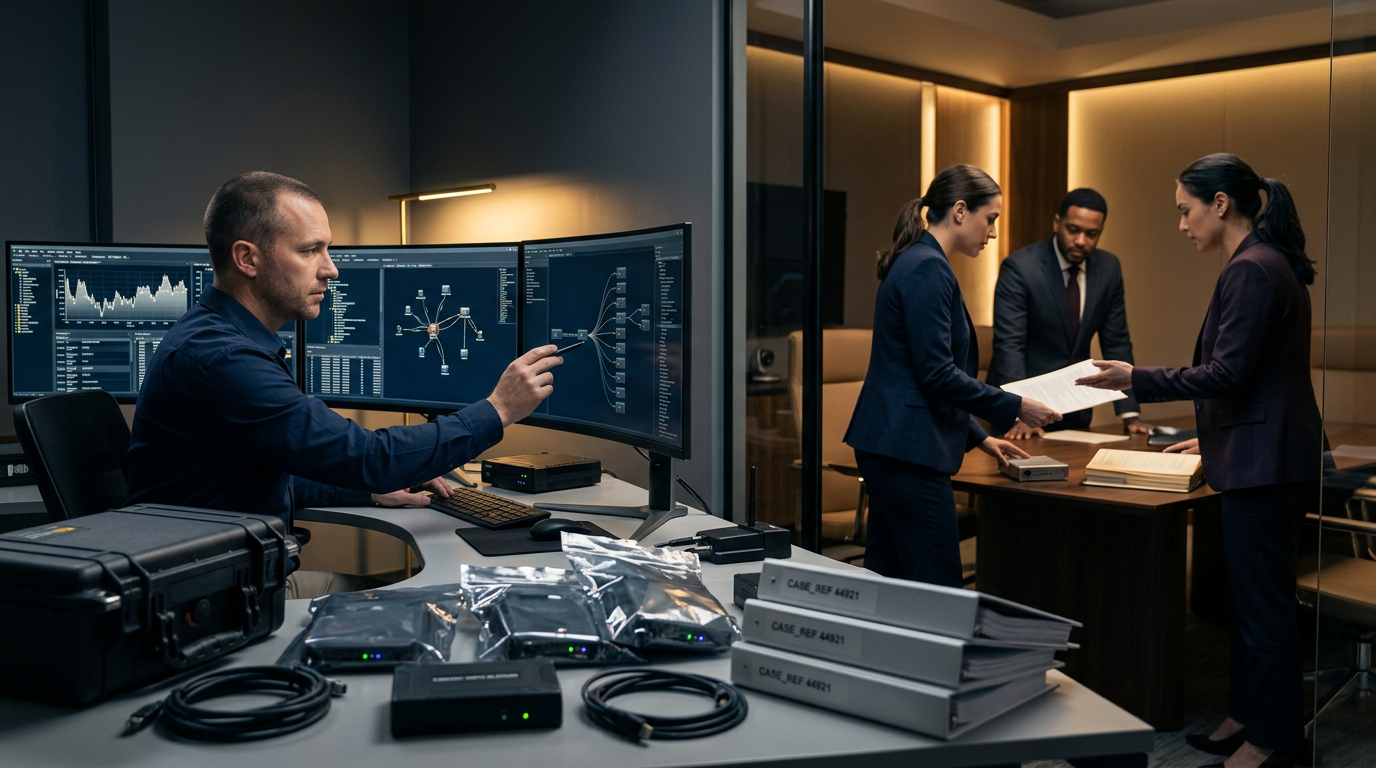 Financial forensic analyst examining a hardware wallet compromise alongside blockchain transaction logs.