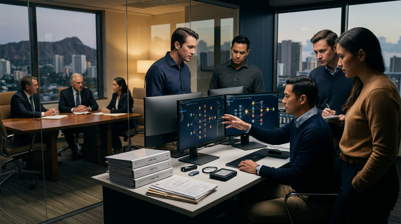 A financial investigator analyzing Hawaii cryptocurrency fraud reporting requirements on digital blockchain ledgers A financial investigator analyzing Hawaii cryptocurrency fraud reporting requirements on digital blockchain ledgers