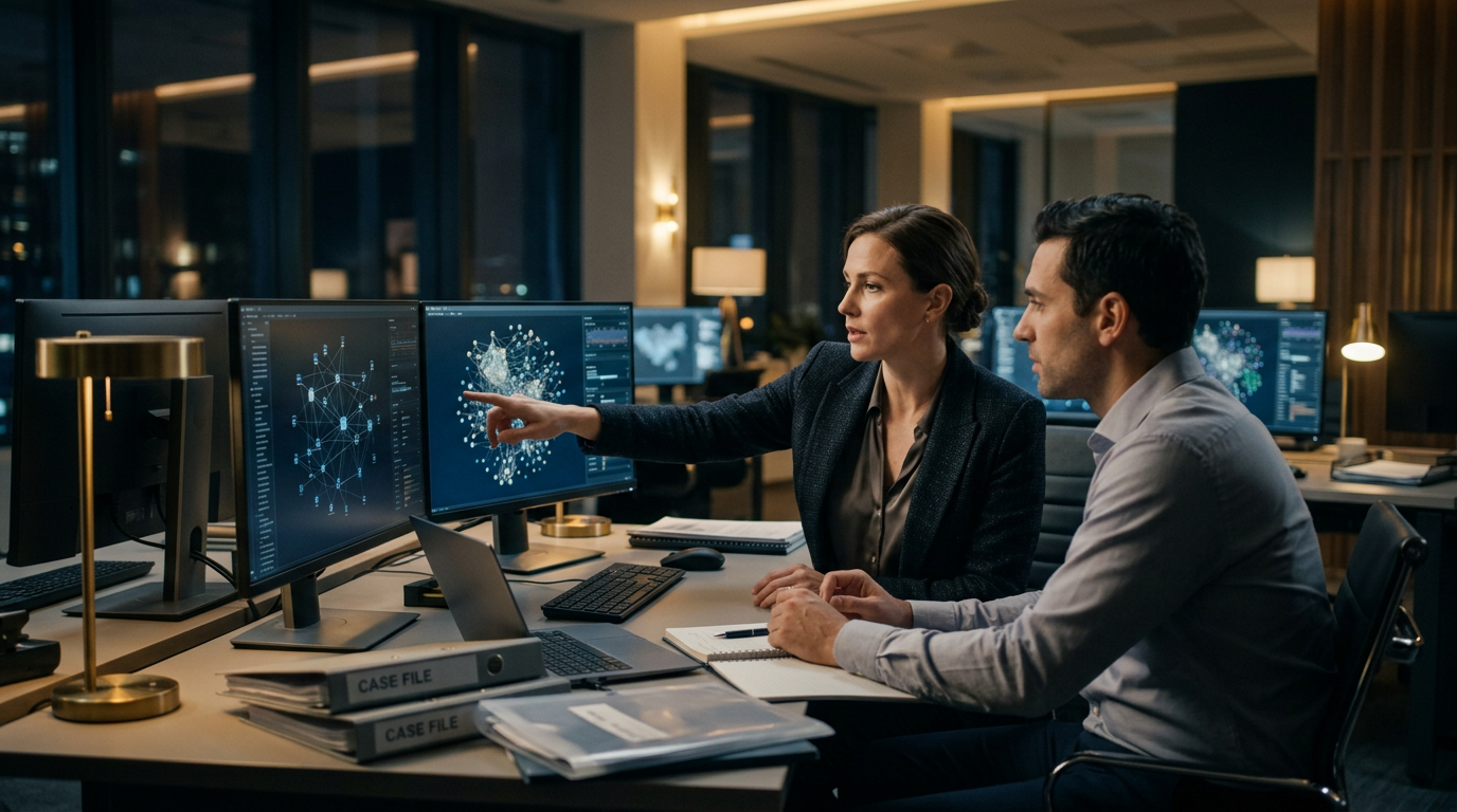 Forensic investigator analyzing a heuristic clustering blockchain map on dual monitors in a legal office.