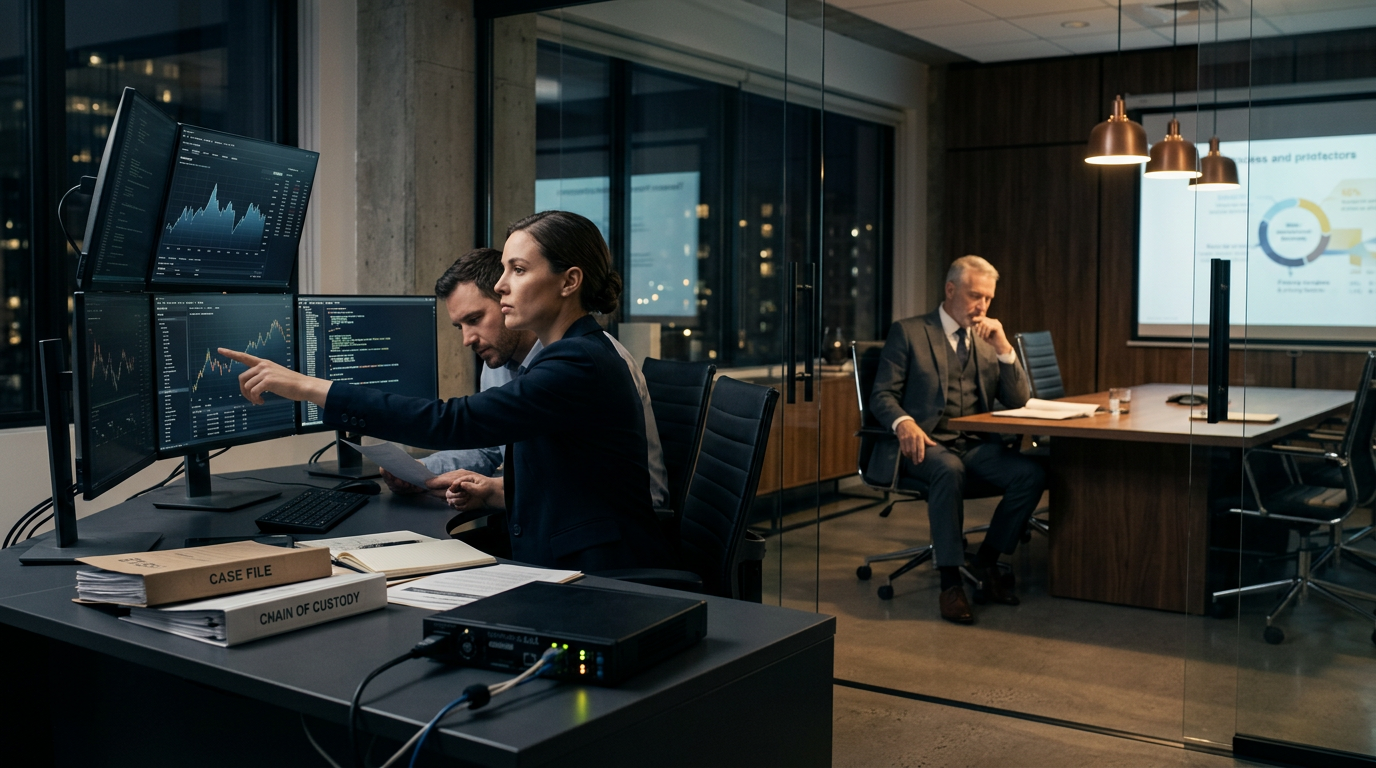 A forensic analyst reviewing evidence to determine how much does a wallet compromise investigation cost on multiple screens A forensic analyst reviewing evidence to determine how much does a wallet compromise investigation cost on multiple screens