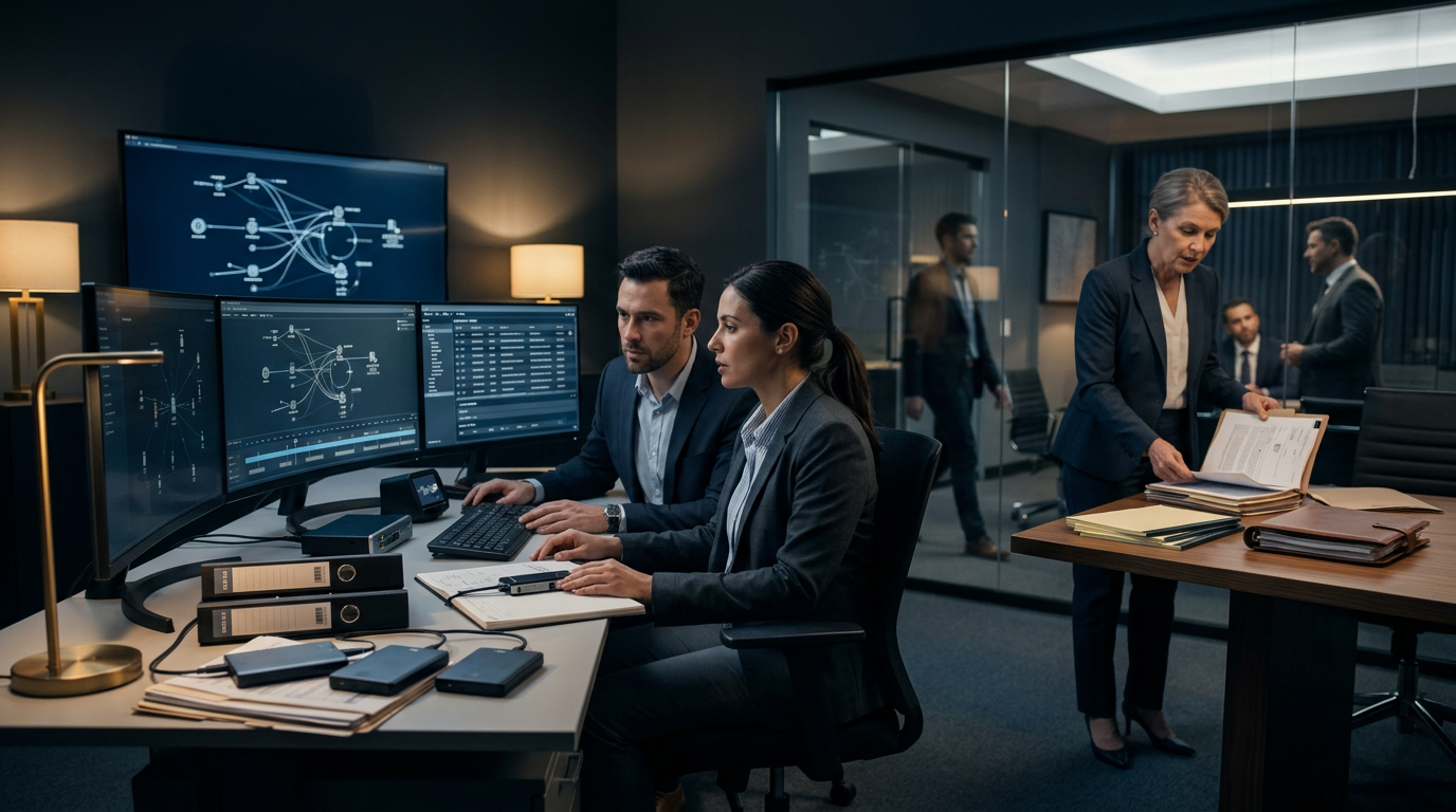 Forensic analyst evaluating data from a crypto recovery service investigation on dual monitors. Forensic analyst evaluating data from a crypto recovery service investigation on dual monitors.