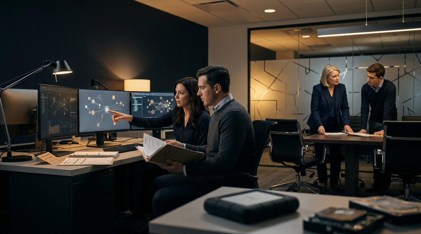 A legal team reviewing evidence for Illinois cryptocurrency fraud reporting requirements on high-tech monitors. A legal team reviewing evidence for Illinois cryptocurrency fraud reporting requirements on high-tech monitors.