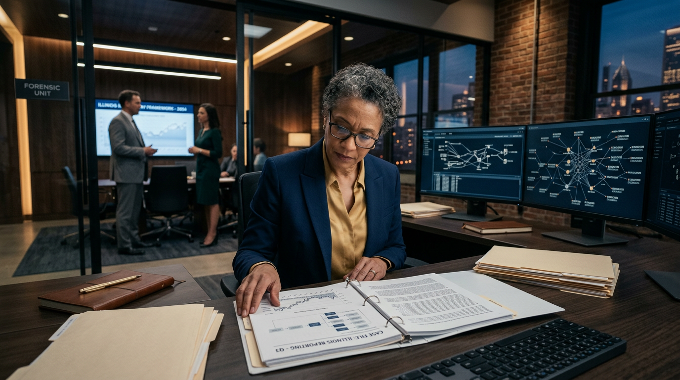 Aegis Financial Forensics analysts collaborating on a cryptocurrency fraud tracing case — Illinois cryptocurrency fraud repor Aegis Financial Forensics analysts collaborating on a cryptocurrency fraud tracing case — Illinois cryptocurrency fraud repor