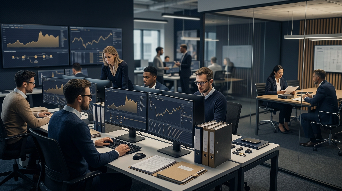 An incident response crypto team reviewing blockchain transaction graphs on forensic monitors. An incident response crypto team reviewing blockchain transaction graphs on forensic monitors.