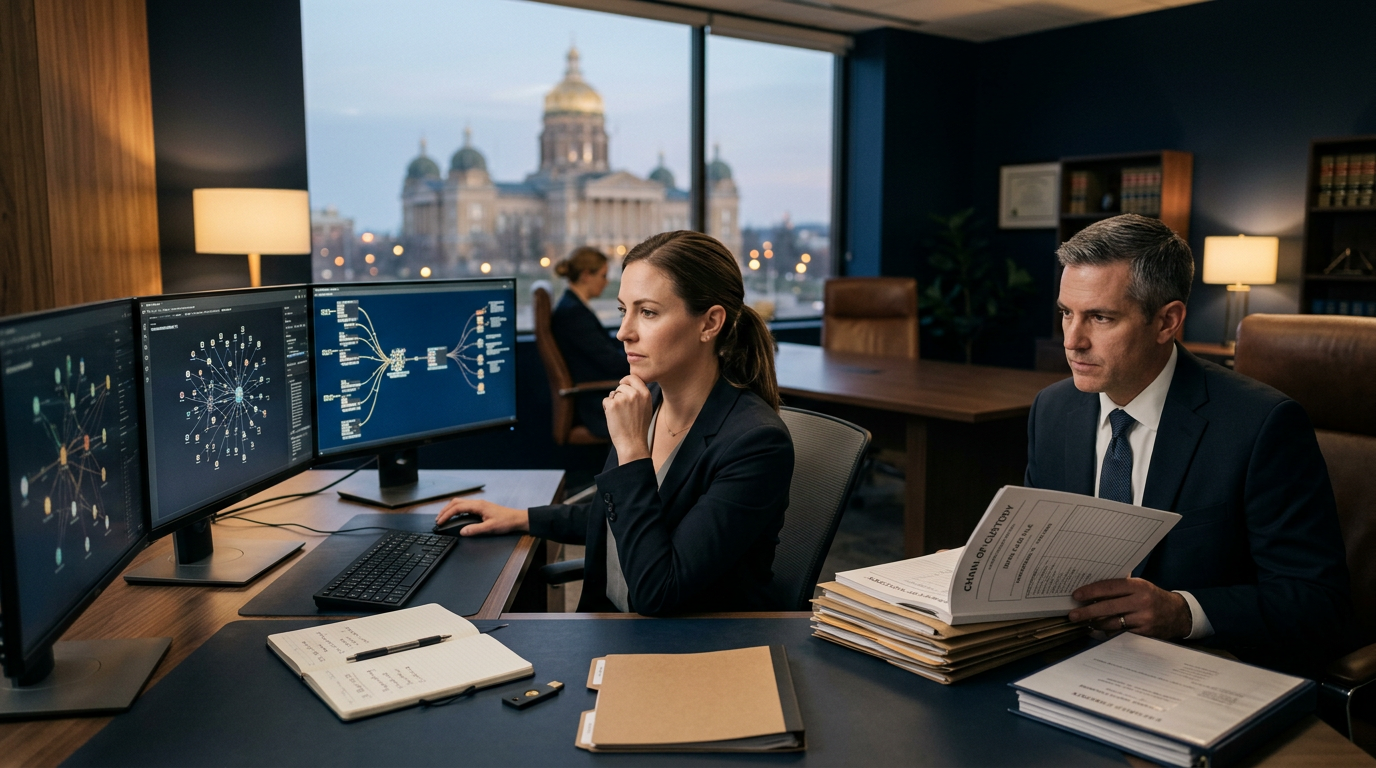 Forensic analyst reviewing block explorer data under Iowa cryptocurrency fraud reporting requirements. Forensic analyst reviewing block explorer data under Iowa cryptocurrency fraud reporting requirements.
