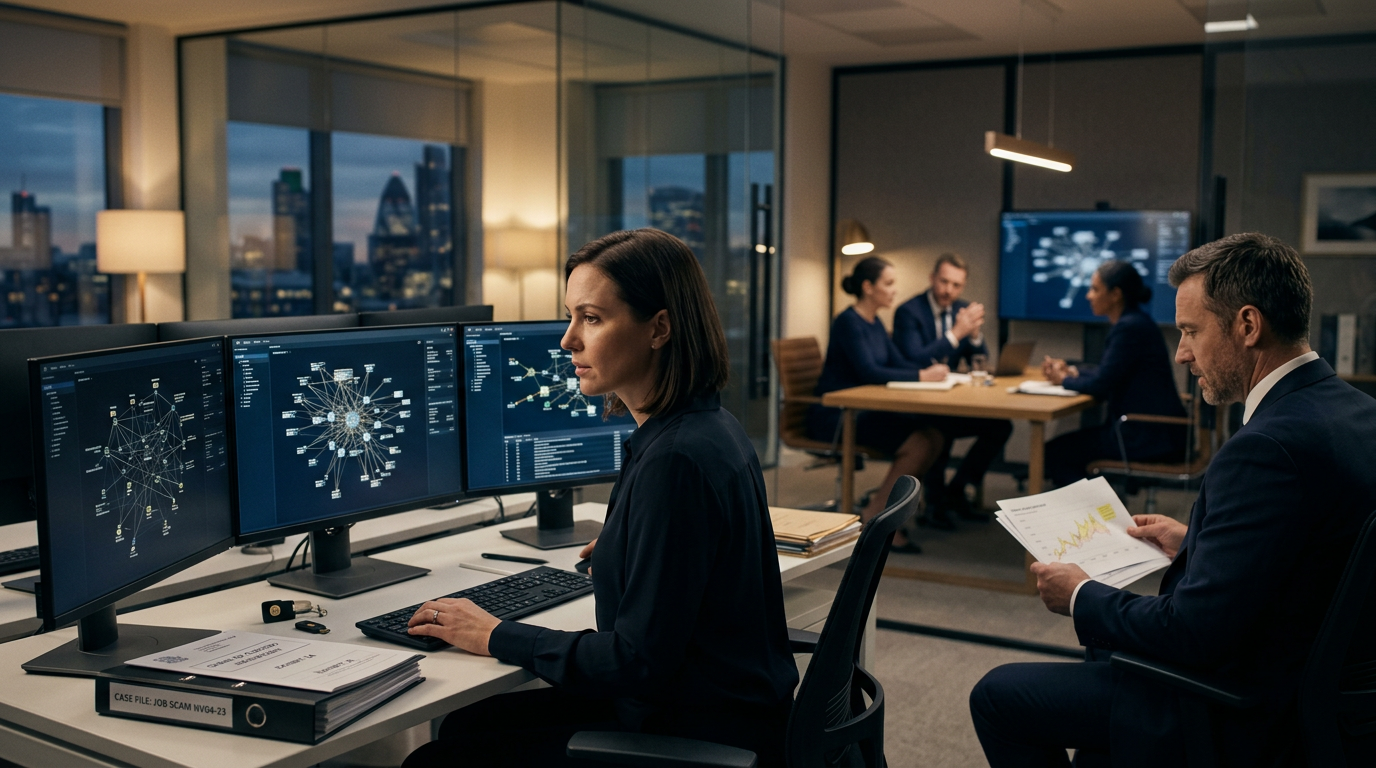 A blockchain forensic investigator analyzing a job task scam transaction network on digital displays A blockchain forensic investigator analyzing a job task scam transaction network on digital displays