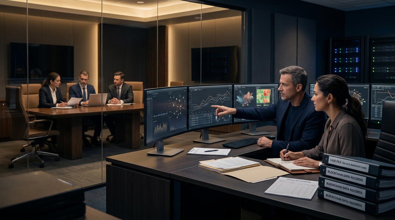 A compliance analyst reviewing Kraken scam reporting data and blockchain forensic trace graphs on a desktop screen. A compliance analyst reviewing Kraken scam reporting data and blockchain forensic trace graphs on a desktop screen.