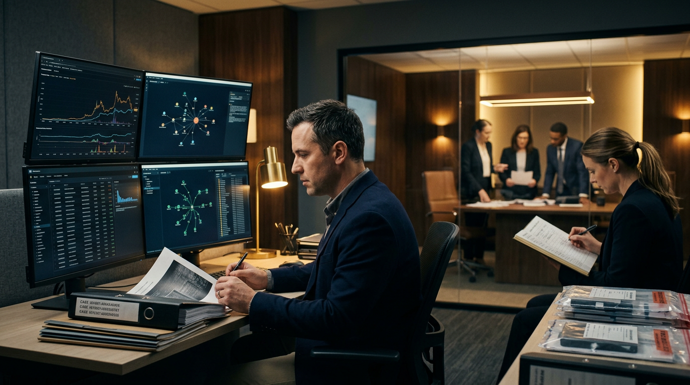 Aegis Financial Forensics analysts collaborating on a cryptocurrency fraud tracing case — Ledger scam reporting investigation