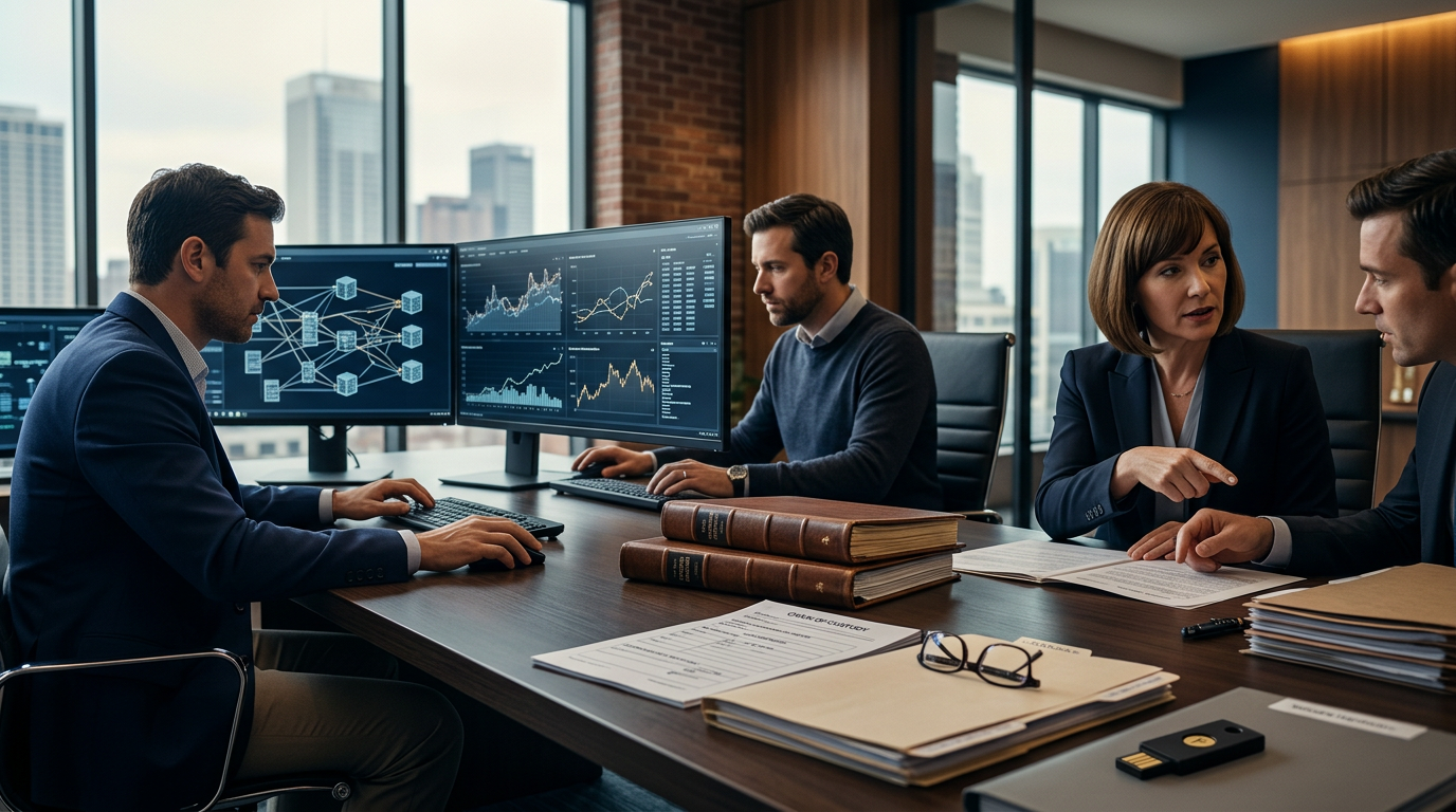 Forensic analyst reviewing evidence under Louisiana cryptocurrency fraud reporting requirements in a legal office environment Forensic analyst reviewing evidence under Louisiana cryptocurrency fraud reporting requirements in a legal office environment
