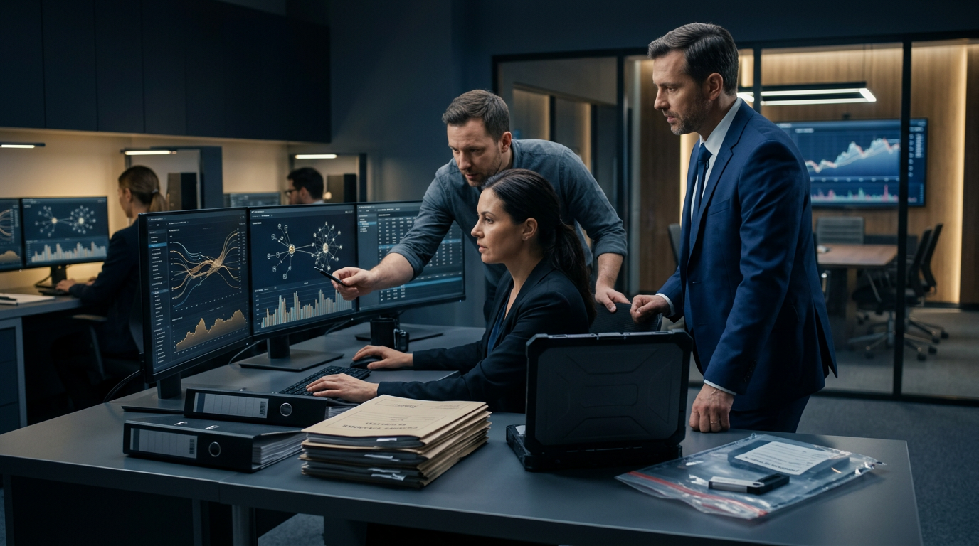 Digital forensics analyst investigating a metamask wallet compromised breach on secure dual workstation screens. Digital forensics analyst investigating a metamask wallet compromised breach on secure dual workstation screens.