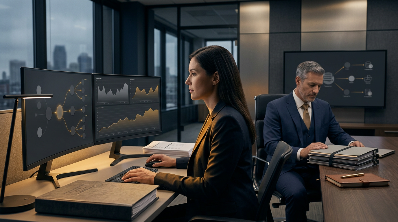 A forensic analyst reviewing Michigan cryptocurrency fraud reporting requirements on a secure dual-monitor display. A forensic analyst reviewing Michigan cryptocurrency fraud reporting requirements on a secure dual-monitor display.