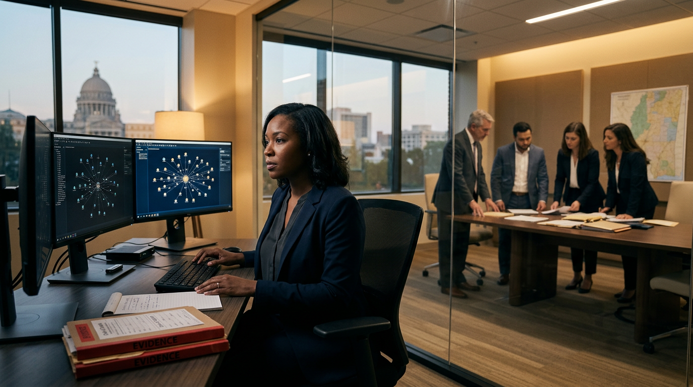 A forensic investigator reviewing Mississippi cryptocurrency fraud reporting requirements on a dual-monitor setup A forensic investigator reviewing Mississippi cryptocurrency fraud reporting requirements on a dual-monitor setup