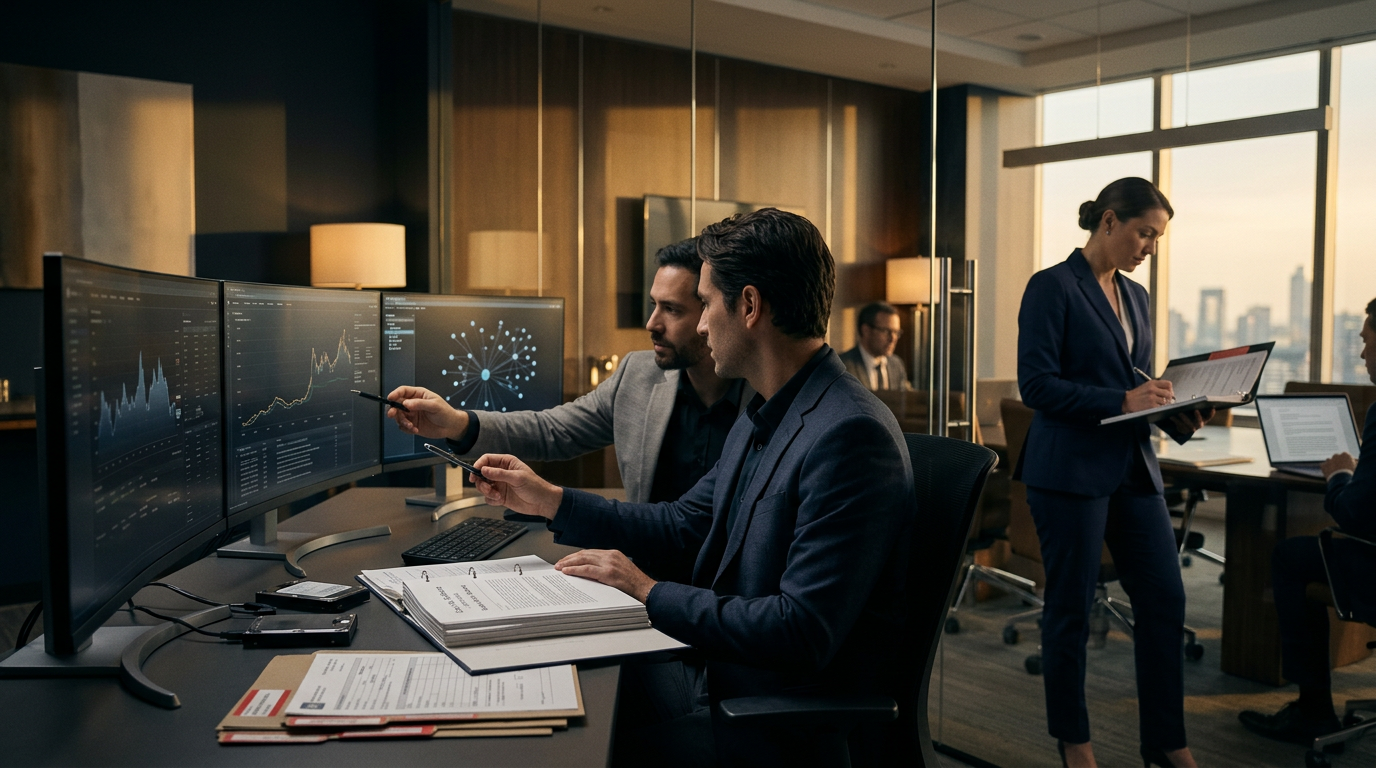 A forensic analyst evaluating monero traceability data on dual monitors during a financial investigation.
