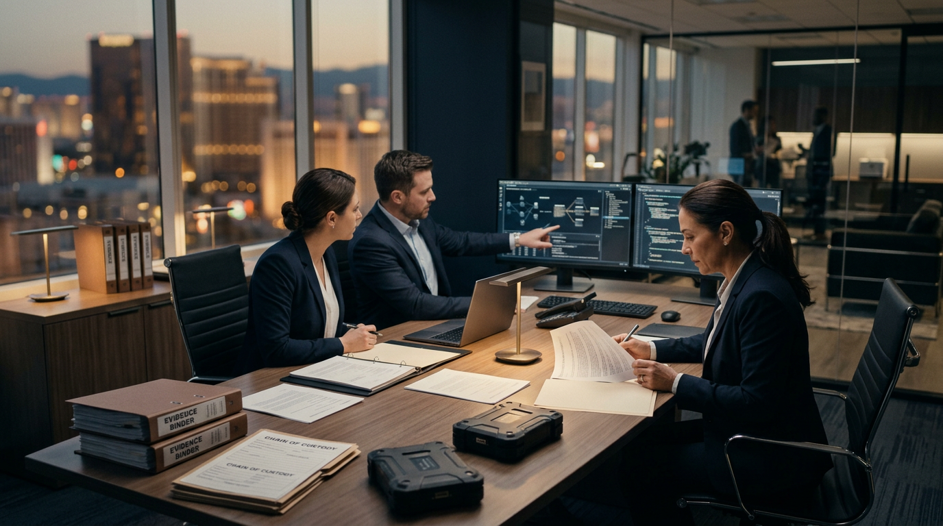 Legal document detailing Nevada cryptocurrency fraud reporting requirements beside a digital forensic workstation Legal document detailing Nevada cryptocurrency fraud reporting requirements beside a digital forensic workstation