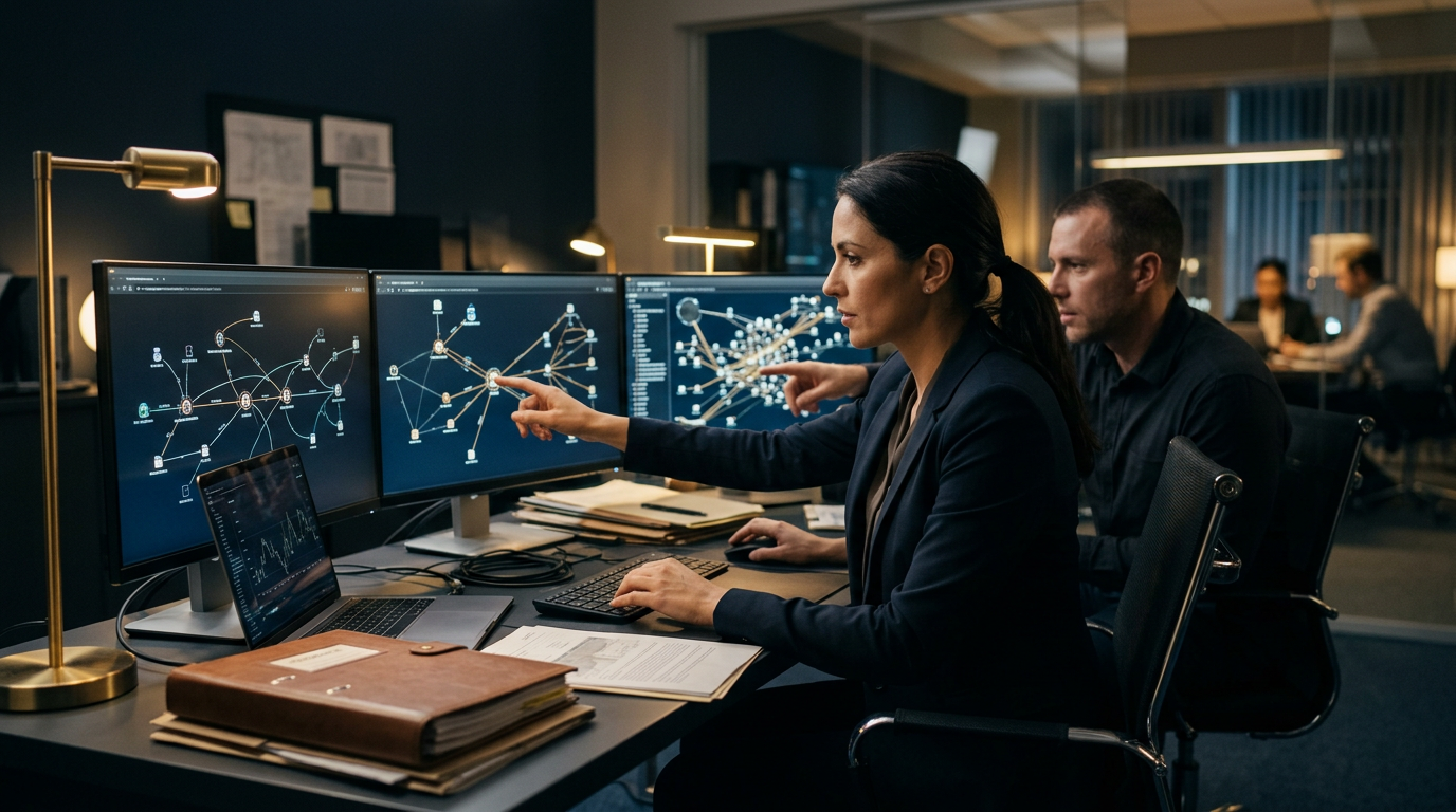 Forensic analyst conducting an nft theft investigation by mapping transaction graphs across NFT marketplaces.