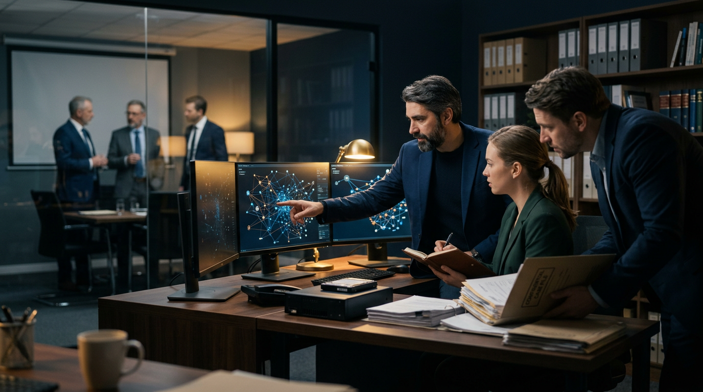 A financial investigator analyzing open source intelligence crypto fraud evidence on multiple legal monitor screens.