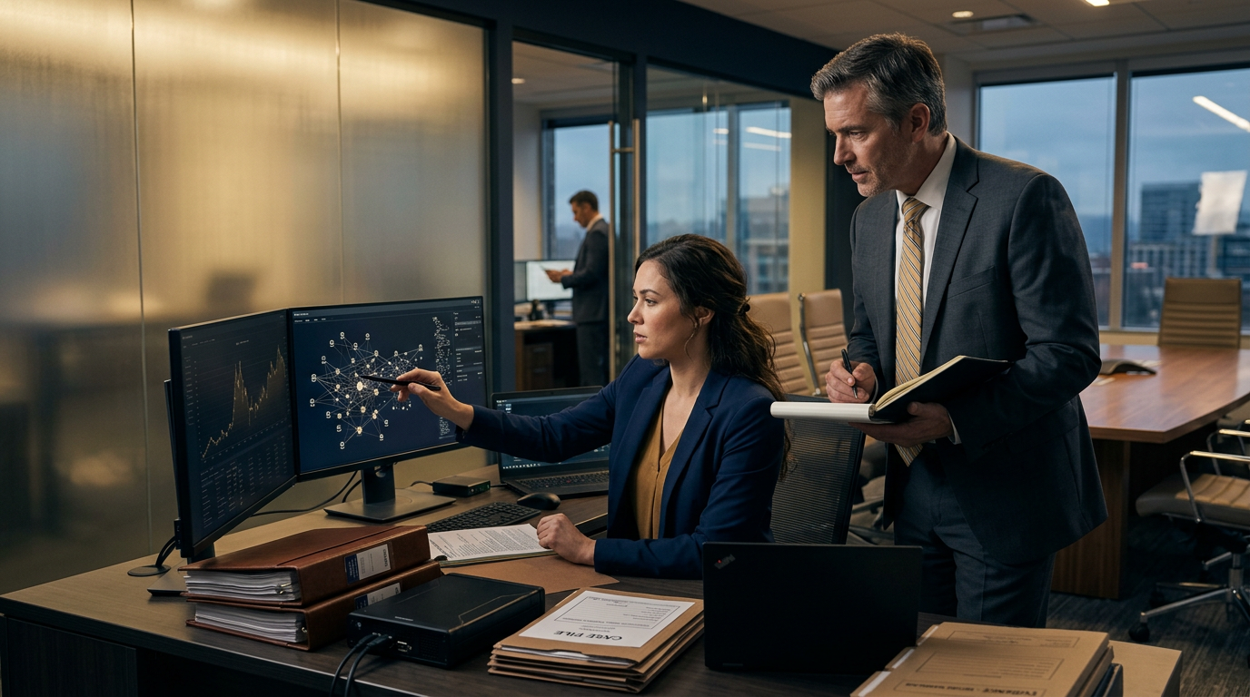 Forensic analyst examining Oregon cryptocurrency fraud reporting requirements and transaction logs on dual monitors Forensic analyst examining Oregon cryptocurrency fraud reporting requirements and transaction logs on dual monitors