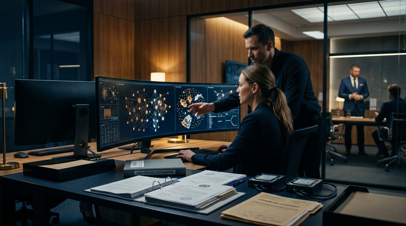 Forensic analyst examining transaction data in an otc broker crypto fraud investigation Forensic analyst examining transaction data in an otc broker crypto fraud investigation