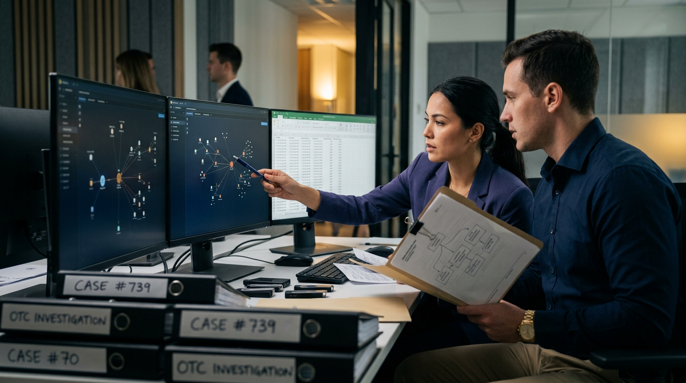 Aegis Financial Forensics analysts collaborating on a cryptocurrency fraud tracing case — otc broker crypto fraud investigati