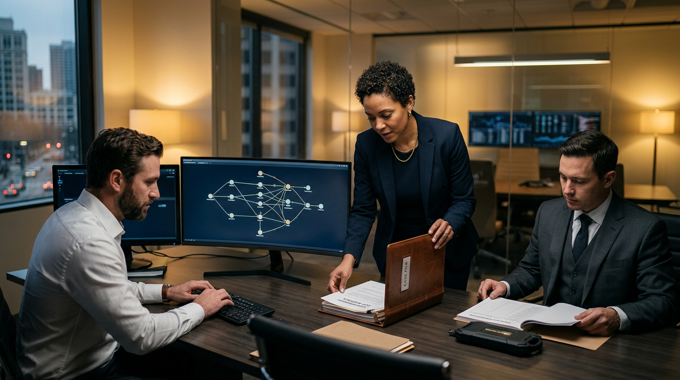A legal team analyzing blockchain transaction graphs involved in otc broker crypto fraud. A legal team analyzing blockchain transaction graphs involved in otc broker crypto fraud.