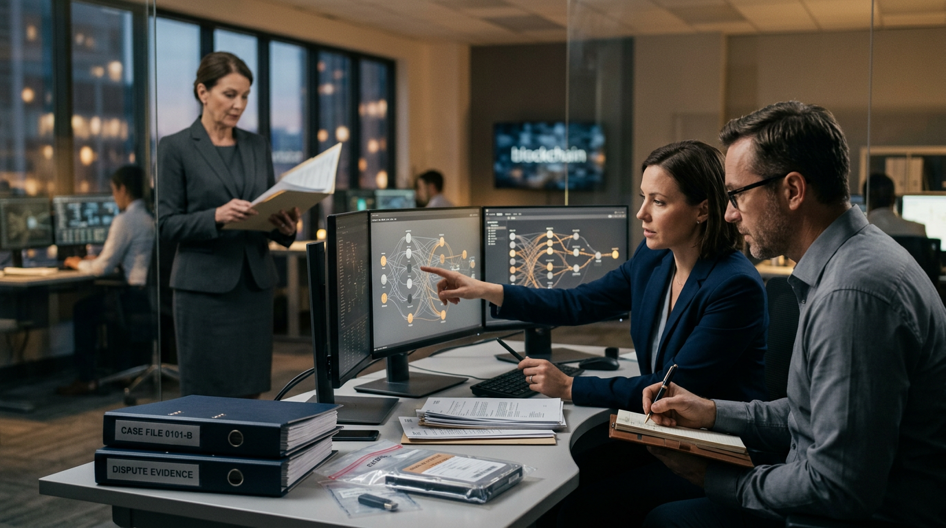Financial investigator analyzing p2p trading fraud transaction flows and bank receipts on dual monitors
