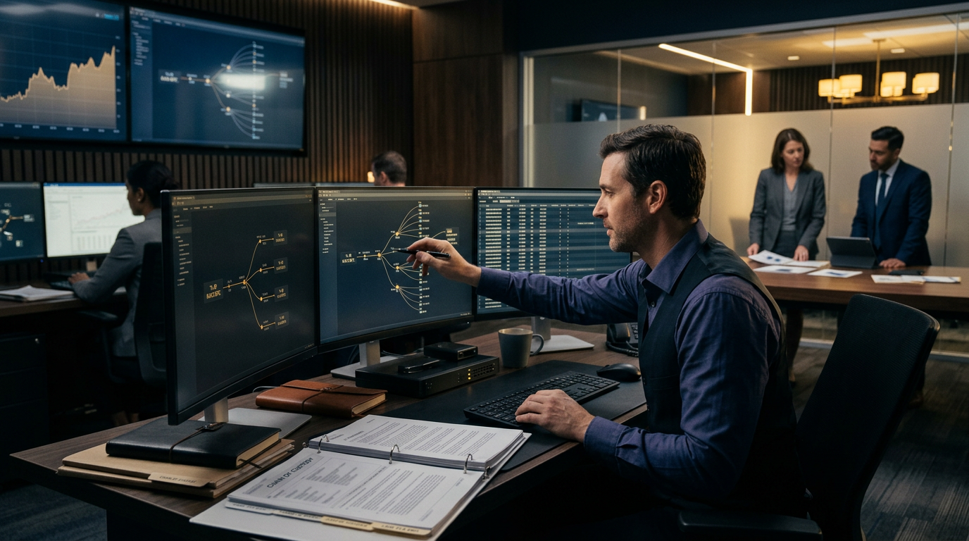 A forensic investigator examining transaction logs for peel chain analysis on a multi-monitor display. A forensic investigator examining transaction logs for peel chain analysis on a multi-monitor display.