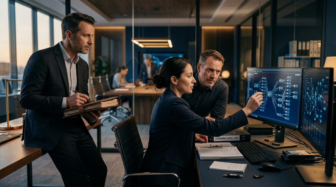 A forensic analyst reviewing peel chain analysis data on multiple monitors in a legal investigation lab. A forensic analyst reviewing peel chain analysis data on multiple monitors in a legal investigation lab.