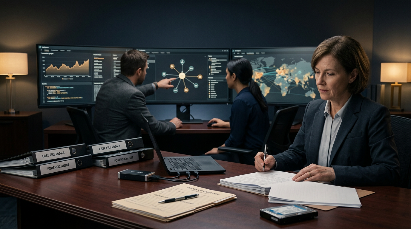Forensic analysts reviewing blockchain transaction graphs related to a pig butchering scam investigation. Forensic analysts reviewing blockchain transaction graphs related to a pig butchering scam investigation.