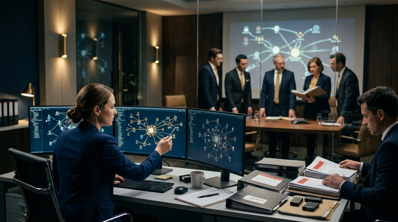 Forensic analyst reviewing blockchain transaction logs from a pig butchering scam on dual monitors. Forensic analyst reviewing blockchain transaction logs from a pig butchering scam on dual monitors.